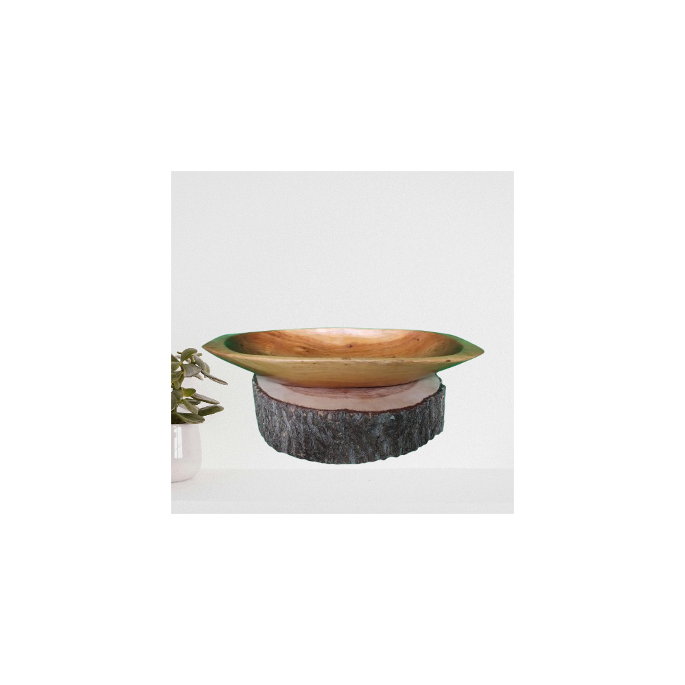 Plat Creux en Bois d'Olivier avec Support en Tronc Naturel