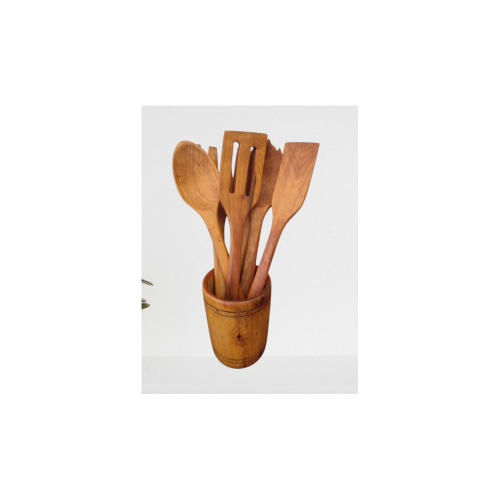 Ensemble d'Ustensiles de Cuisine en Bois d'Olivier avec Support
